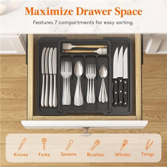 Expandable silverware drawer organizer adjustable utensil tray kitchen storage b - Picture 5 of 7
